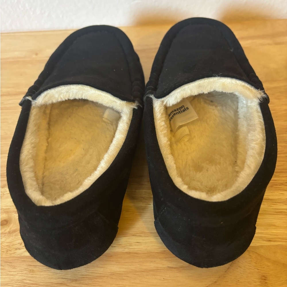Little Boy Black Slip-On Faux Fur Lined Moccasin Slippers Size 11